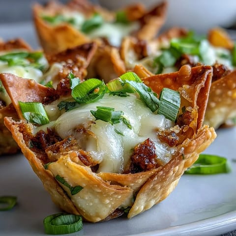 Golden wonton cups filled with seasoned taco meat, ready to serve as appetizers.