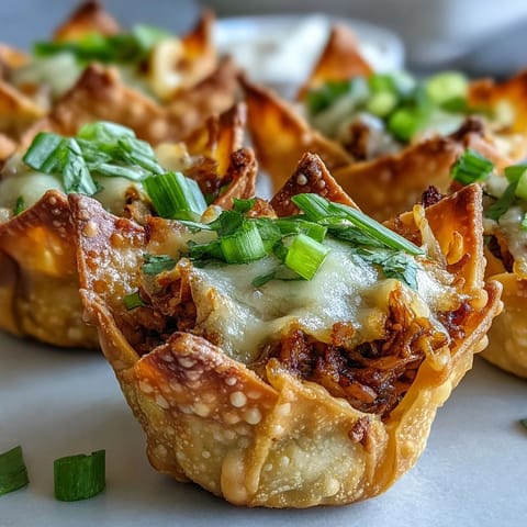 Crispy mini taco cups in wonton wrappers, a savory appetizer with melted cheese.
