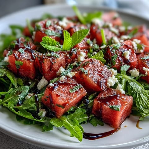 Close-up of watermelon feta arugula salad, glistening with balsamic glaze, perfect for grilling.