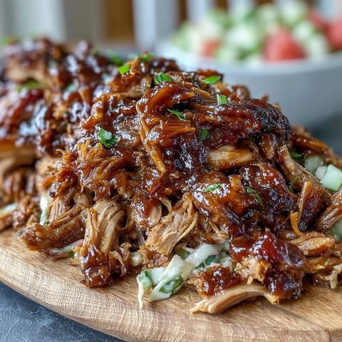 Smoky, tender slow-cooked pork with vibrant watermelon slaw for a festive meal.