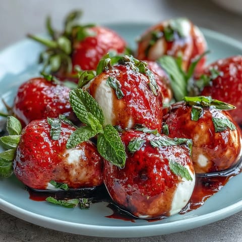 A beautiful Fresh Strawberry Caprese Salad with Mozzarella, drizzled with balsamic glaze.
