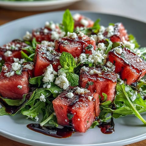 Vibrant watermelon feta arugula salad with balsamic reduction, a sweet and savory summer delight.