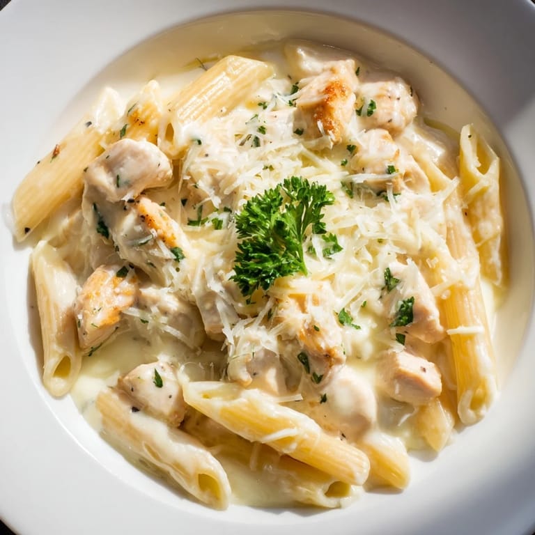Golden-brown crust on top of a luscious Chicken Alfredo Bake, served hot and ready to enjoy.