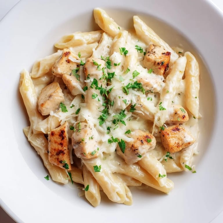 Creamy Chicken Alfredo Bake with pasta, chicken, and rich Alfredo sauce, perfect for a cozy dinner.