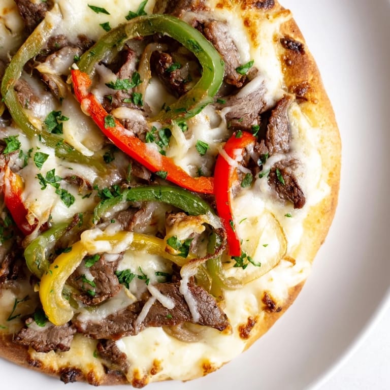 Golden crust holds savory Philly Cheesesteak Pizza, generously topped with steak, peppers, onions, and melted cheese.