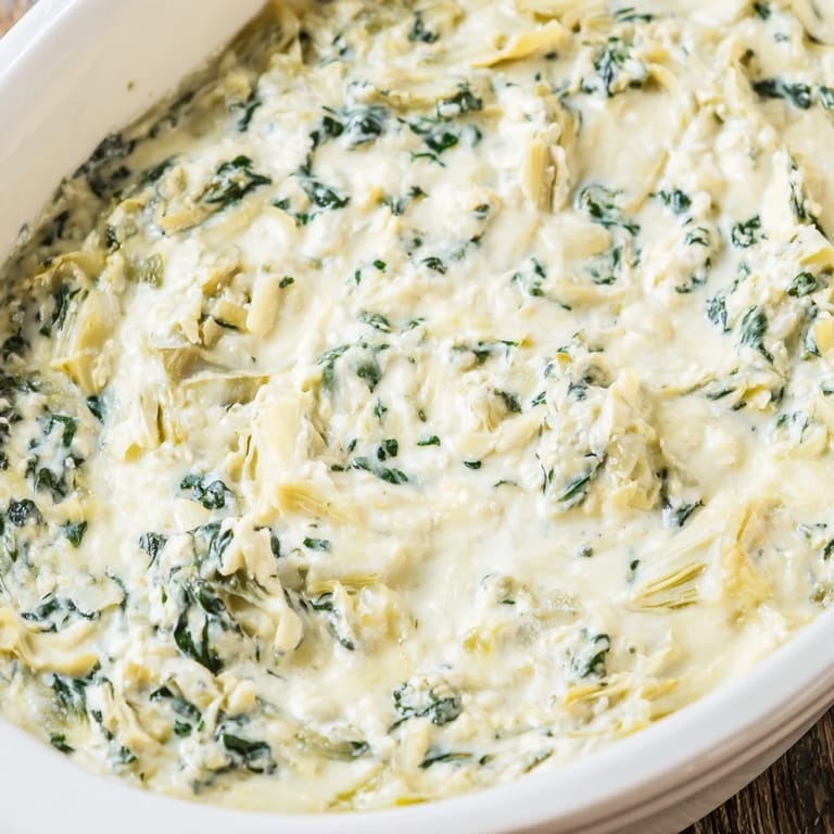 A close-up of Spinach Artichoke Dip shows cheese pull, promising warm cheesy flavor for snacking at a party.