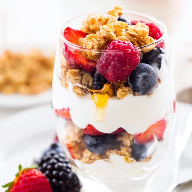 Enjoy a delicious Berry Parfait with a drizzle of honey, packed with fresh fruit and granola.