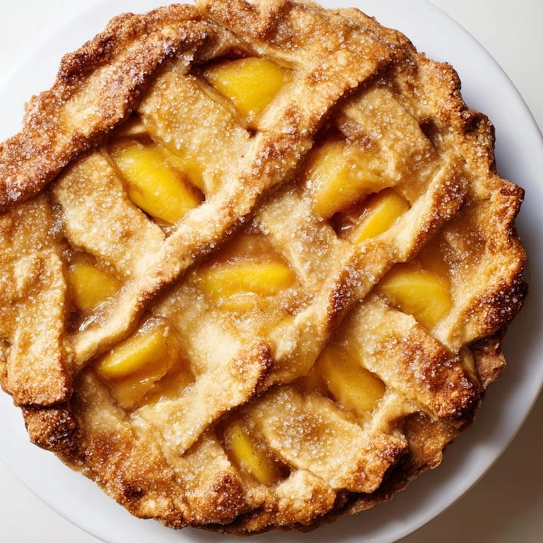 A freshly baked Peach Pie, with its glistening, fruit-filled interior, ready to be enjoyed.