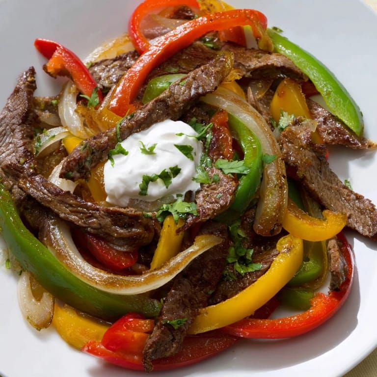 Delicious, flavorful beef steak fajitas bursting with savory juices, served alongside vibrant sauteed vegetables.
