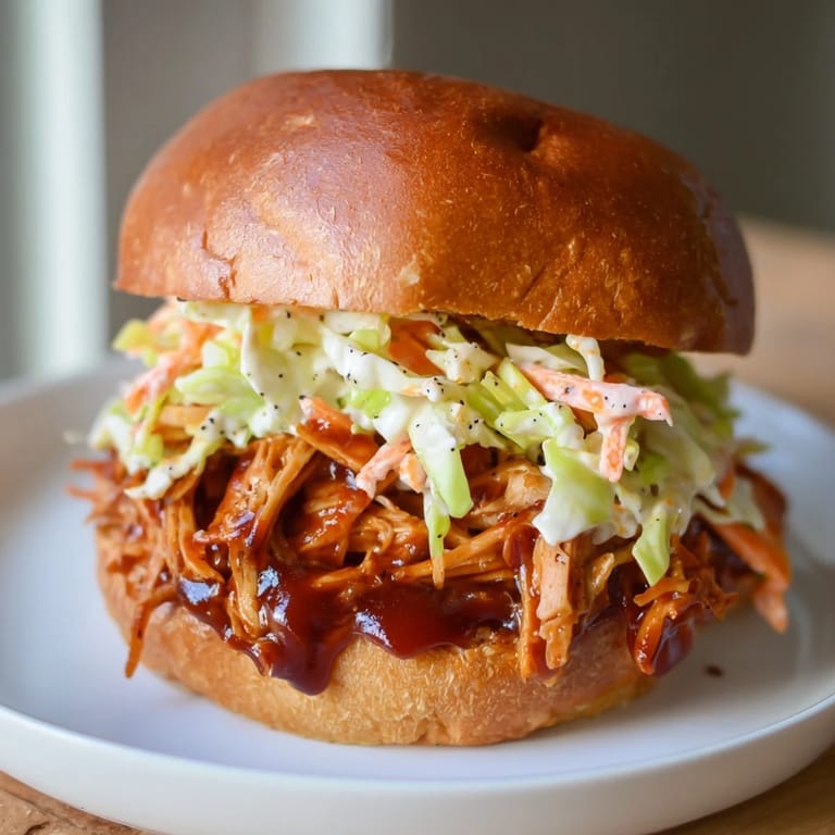 Savory BBQ chicken sandwich on a warm brioche bun, ready to eat, with crispy slaw spilling from the sides.