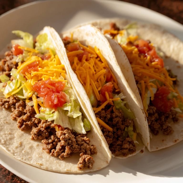 A close-up of delicious beef tacos ready to eat, filled with savory meat and shredded cheese.