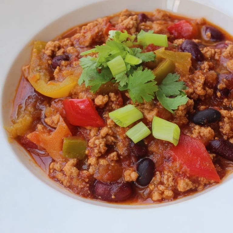 A close-up shot of rich and vibrant turkey chili, perfect for a cozy weeknight dinner.