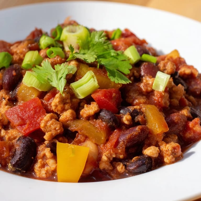 Delicious, homemade turkey chili simmering in a pot with beans and spices, aromatic and savory.