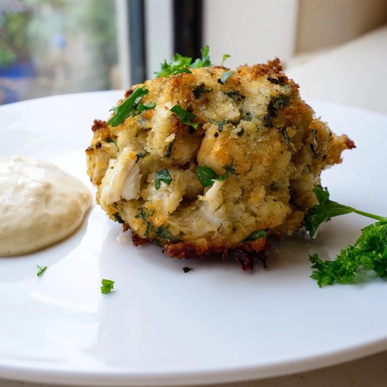 A close-up of delicious crab cakes, with visible crab meat and crispy breading, ready to eat.
