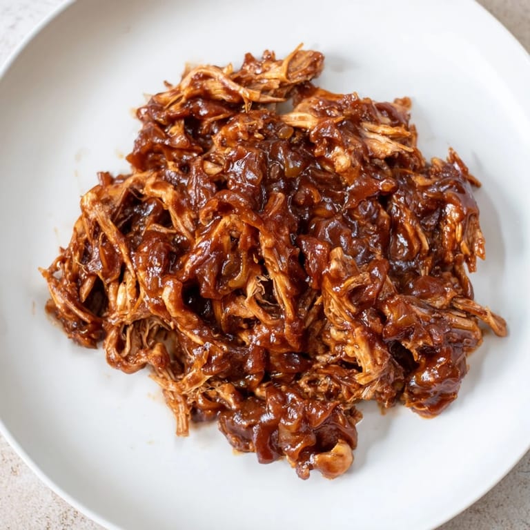 A slow cooker full of richly sauced BBQ pulled chicken, smoky and ready to be shredded.
