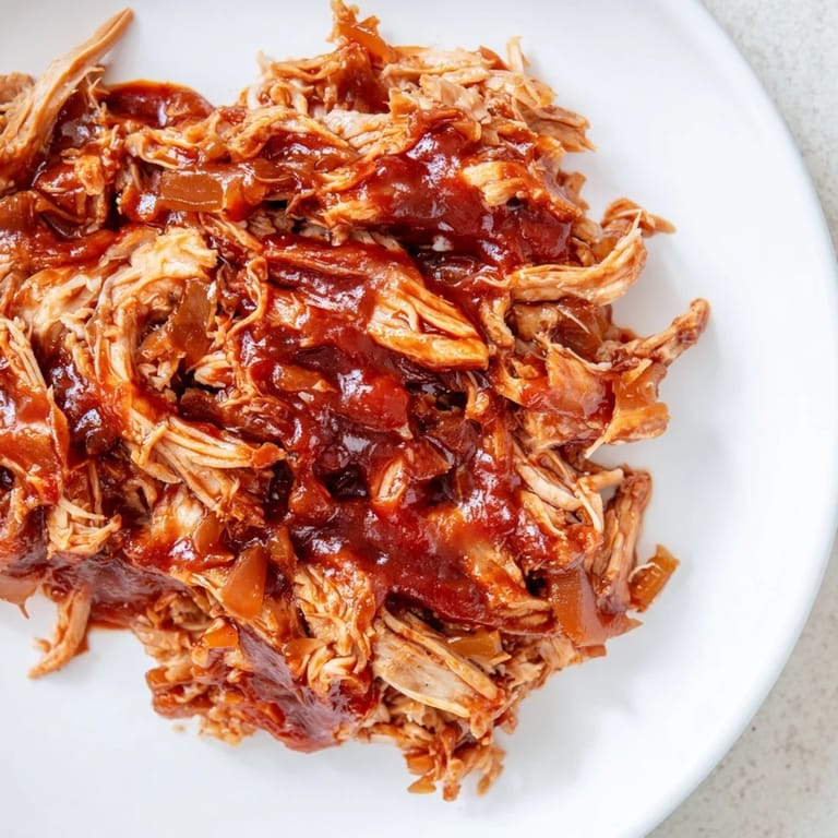 Close-up of glistening BBQ pulled chicken, perfect for a family dinner, smoky and delicious.