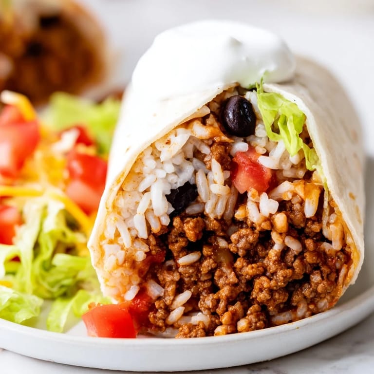 Freshly made beef burrito cut in half, revealing beef, beans, and melted cheese, a satisfying meal.