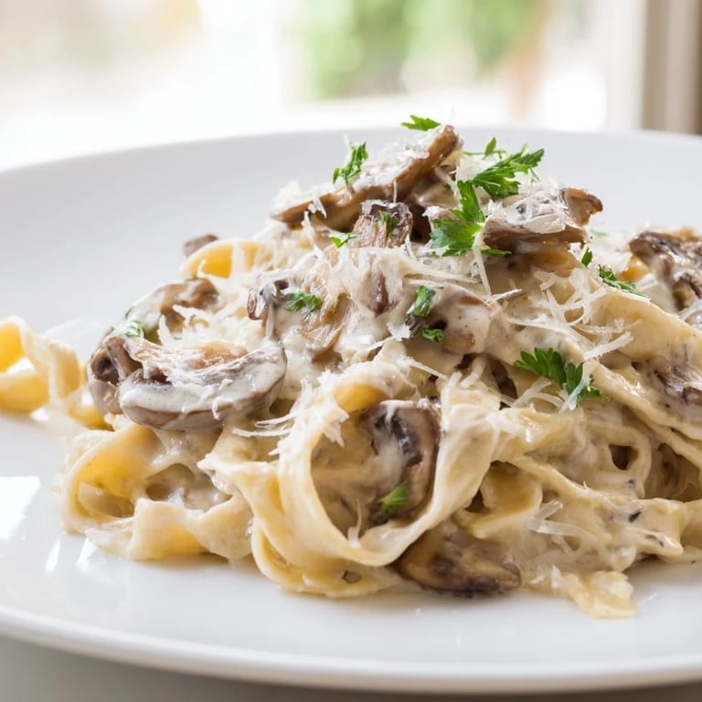 A rustic skillet of creamy mushroom alfredo garnished with parsley, served warm with a glass of white wine nearby.