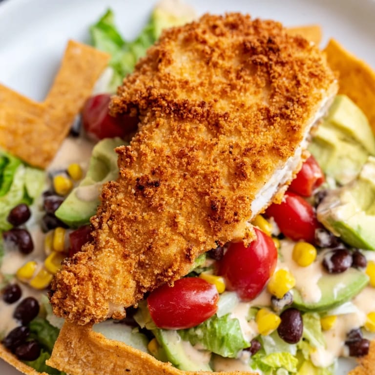 Close-up of Crispy Chicken Taco Salad drizzled with salsa ranch, featuring crunchy tortilla strips and colorful Tex-Mex ingredients.