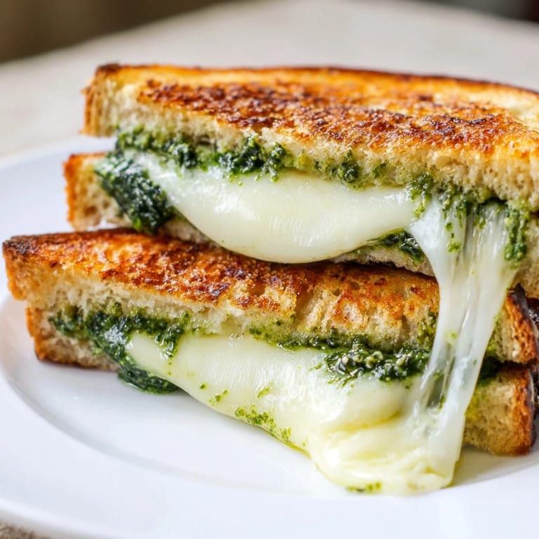 Two halves of the Spinach Pesto Grilled Cheese reveal gooey cheese layers and a bright green pesto spread.