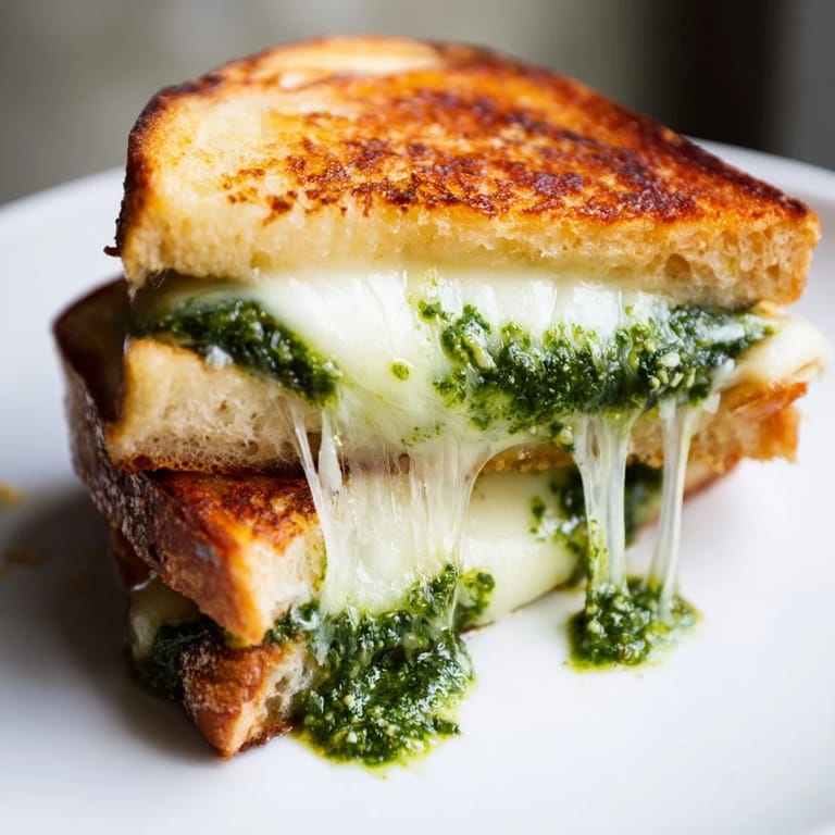 A close-up of a crispy, buttery Spinach Pesto Grilled Cheese served beside a bowl of fresh tomato soup.
