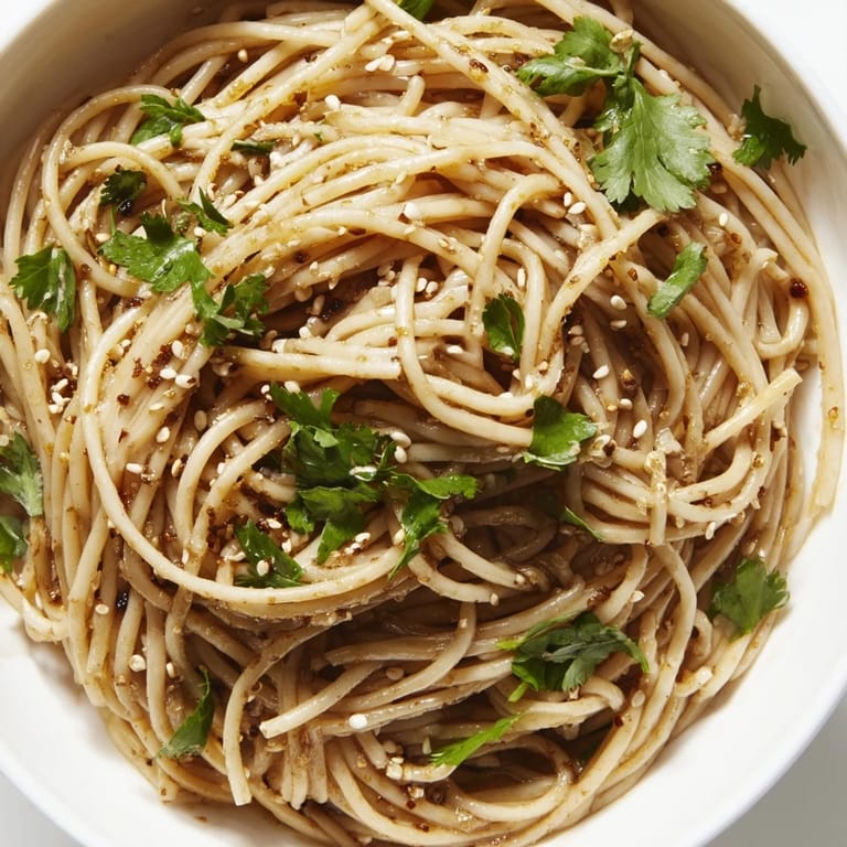 Overhead view of a refreshing Spicy Sesame Noodle Salad in a white ceramic bowl, garnished with chopped spring onions and roasted peanuts, perfect for a light vegetarian lunch or dinner.