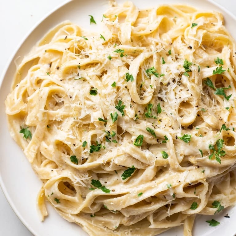 A close-up view of a fork twirling silky roasted garlic cream pasta, showcasing the luscious sauce texture.