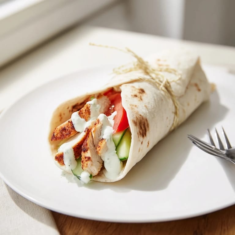 A close-up of a Greek Chicken Wrap with creamy tzatziki, grilled chicken, and fresh vegetables on a wooden board.  