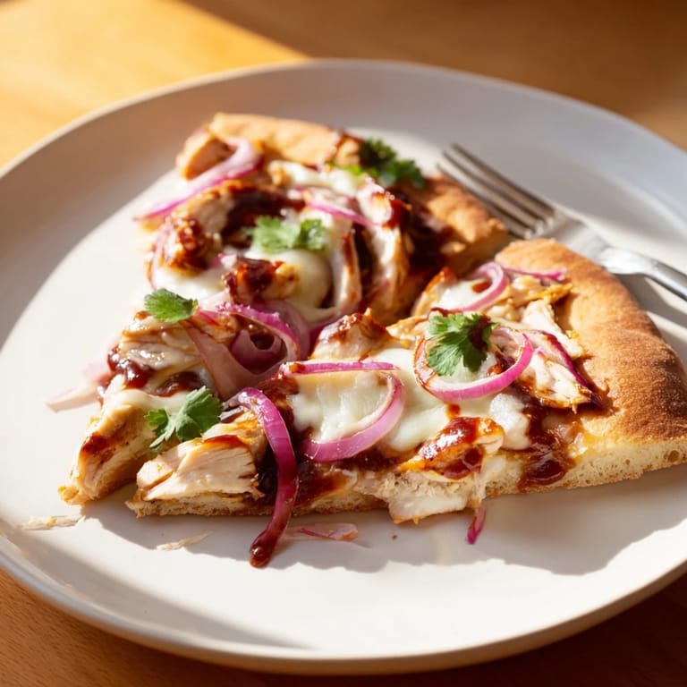 A slice of savory BBQ Chicken Flatbread lifted from the tray, revealing gooey cheese and hearty chicken toppings against a rustic kitchen background.