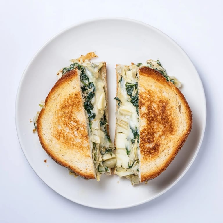 Artichoke Spinach Grilled Cheese sandwich, cut diagonally to reveal the gooey, herb-filled interior.