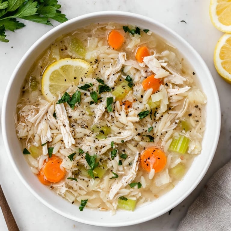 Close-up view of tender shredded chicken, orzo pasta, and carrots swimming in a bright, brothy Lemon Pepper Chicken Orzo Soup.