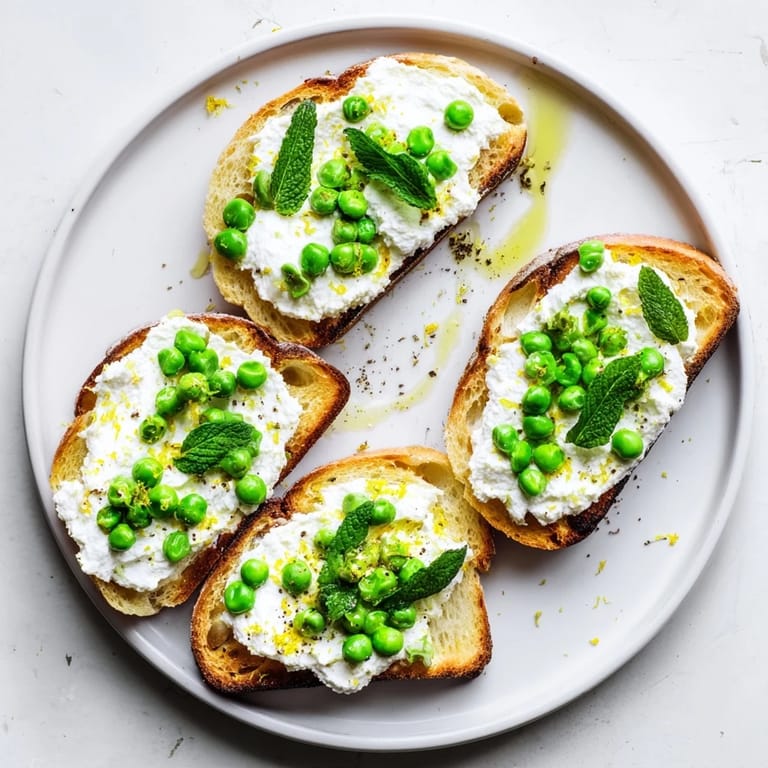 A close-up of Pea & Mint Ricotta Toast spread thick on toasted sourdough, garnished with chopped mint and lemon wedges.