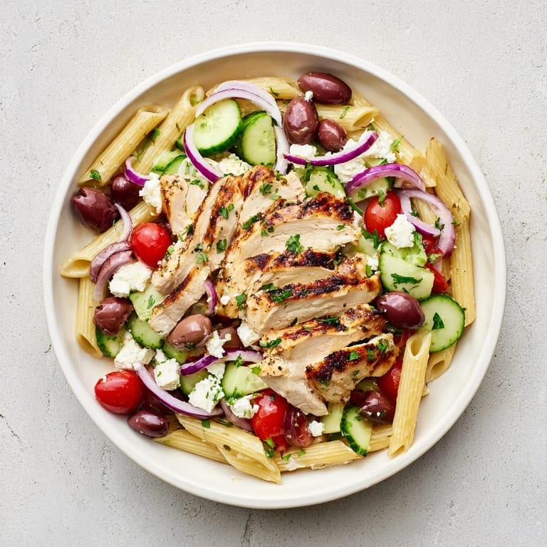 Close-up of a Greek Chicken Pasta Bowl featuring juicy tomatoes, crisp cucumbers, briny olives, and creamy feta cheese.