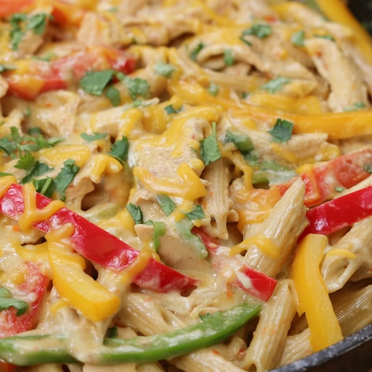 One-pan Chicken Fajita Pasta Skillet featuring al dente penne, sautéed vegetables, and creamy sauce, served straight from the skillet.
