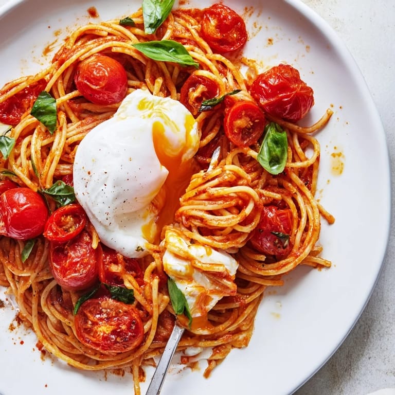 A serving of Burrata Caprese Pasta on a white plate, fork ready to twirl the al dente spaghetti with a ball of creamy burrata.