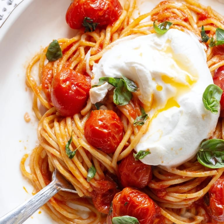 Overhead view of a platter of Burrata Caprese Pasta featuring halved cherry tomatoes, torn basil leaves, and a drizzle of olive oil.