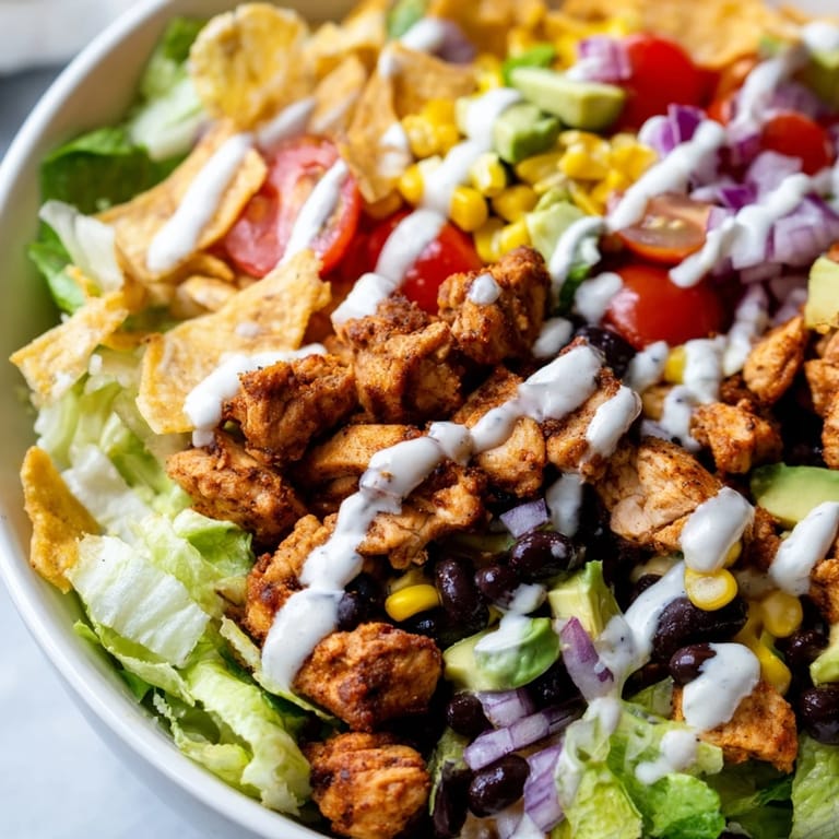 Freshly chopped Chicken Taco Chopped Salad in a bowl, featuring juicy tomatoes, diced avocado, shredded cheese, and crunchy tortilla chip garnish.