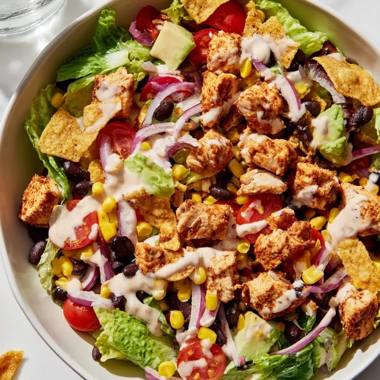 Serving suggestion for a Chicken Taco Chopped Salad with colorful vegetables, protein-rich chicken, and zesty salsa ranch dressing ready to enjoy.