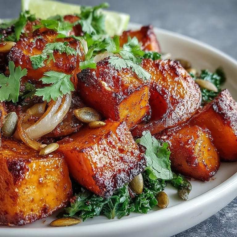 A vibrant Sweet and Spicy Red Kuri Squash Bowl garnished with pumpkin seeds and herbs, ready for a cozy vegetarian dinner on a wooden table.