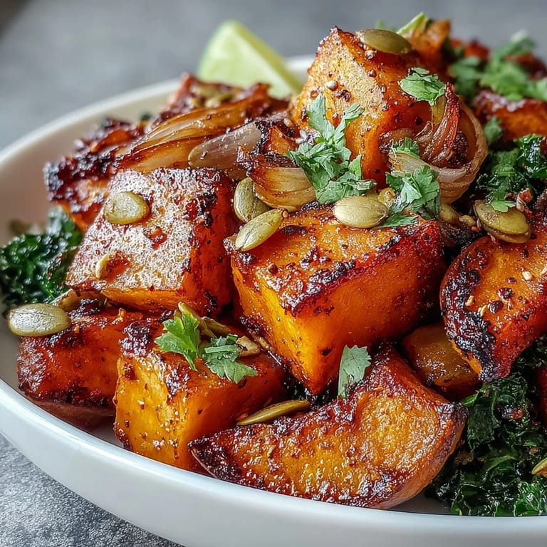 Close-up of a hearty red kuri squash bowl with maple-glazed vegetables, cilantro, and lime, perfect for a gluten-free main dish.