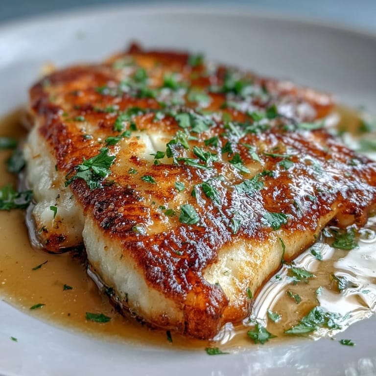 Delicate flounder meunière fillets with crispy, flour-dredged edges, garnished with chopped parsley and a bright squeeze of lemon.