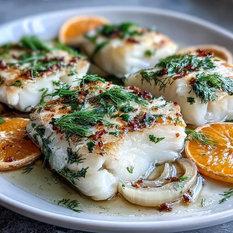 Light and flaky poached cod nestled among sweet orange slices and fresh fennel fronds for a Mediterranean meal.