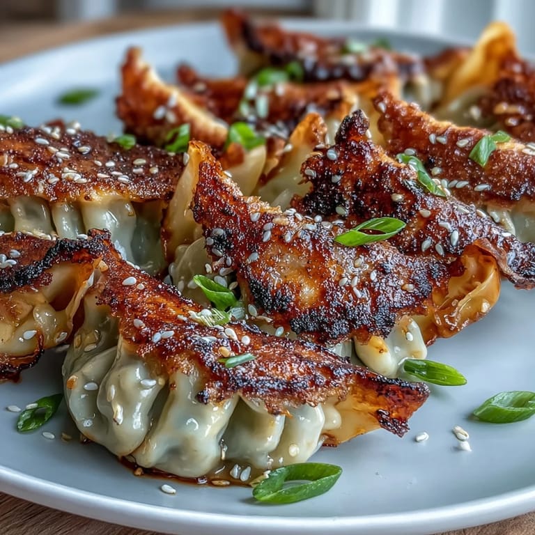 A close-up of a smashed gyoza with golden, crispy bottoms, garnished with sesame seeds for an appetizer.