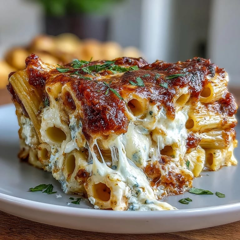 A slice of Freezer Make-Ahead Baked Ziti reveals creamy ricotta layers and rich tomato sauce.