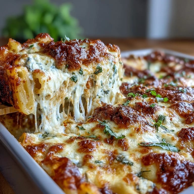 Dinner is served with Freezer Make-Ahead Baked Ziti alongside a fresh green salad and garlic bread.