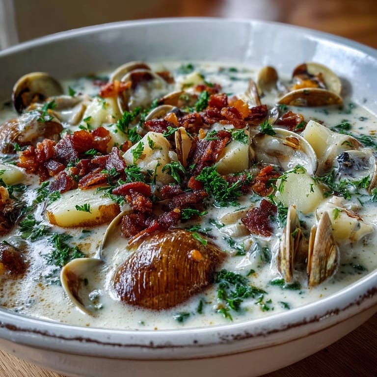 Homemade New England Clam Chowder with crispy bacon and tender potatoes in a creamy broth.