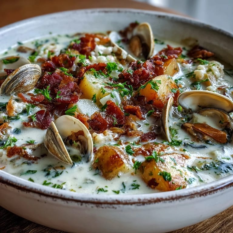 Steamy bowl of New England Clam Chowder garnished with fresh parsley alongside crusty bread.