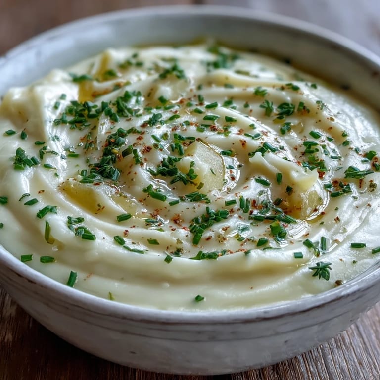 Silky smooth Potato Leek Soup topped with sautéed shrimp and parsley for a comforting dinner.
