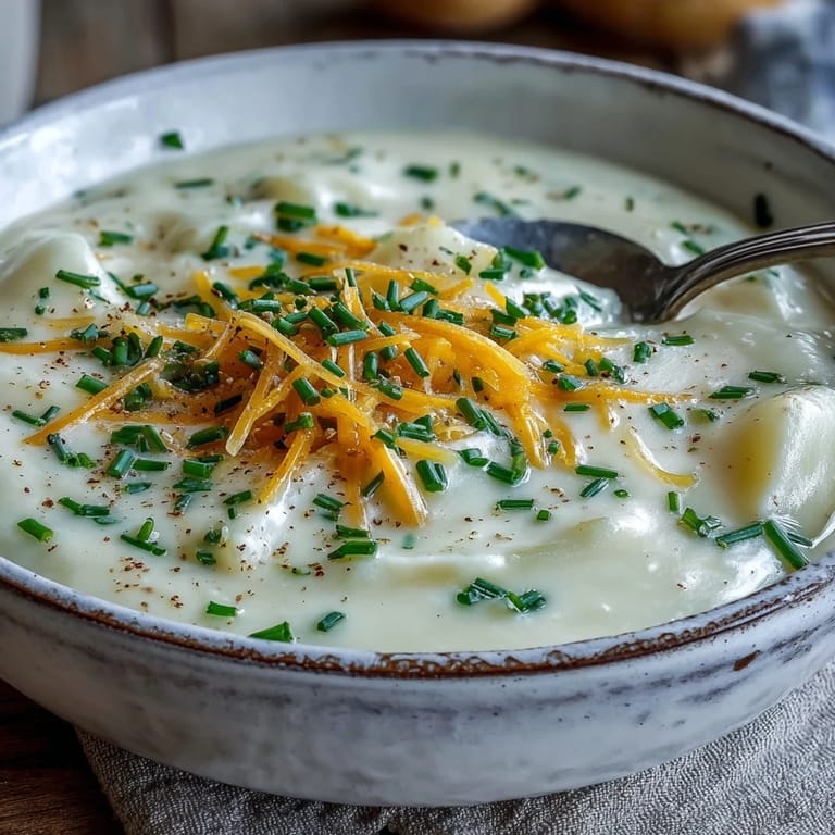 Cream of Potato Soup ladled from the pot, velvety texture with visible carrot and celery pieces.