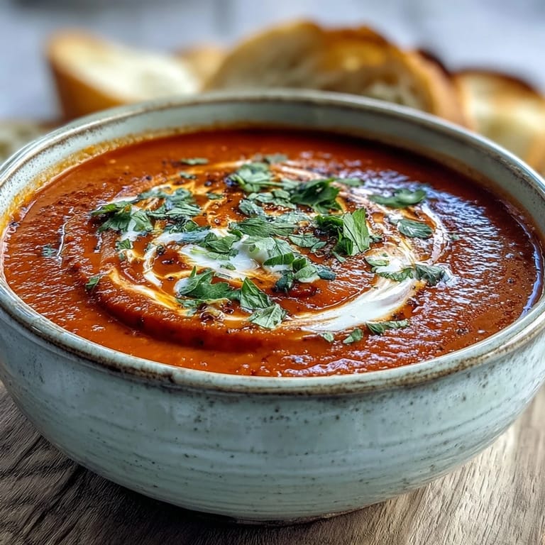 Silky Roasted Red Pepper Soup in a white bowl, ready to enjoy on a chilly day.